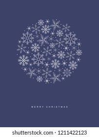 Cute Hand Drawn Christmas Vector Card. White Snowflakes in a Circle and Letters Below. White Merry Christmas on a Dark Blue Background. Round Shaped Frame made of Snowflakes.Xmas Card. English Wishes.