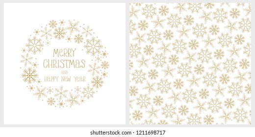 Cute Hand Drawn Christmas Vector Card. Gold Snowflakes and Hand Written Letters. Merry Christmas and Happy New Year. Golden Round Shaped Frame mad of Snowflakes on a White Background. Xmas Card.