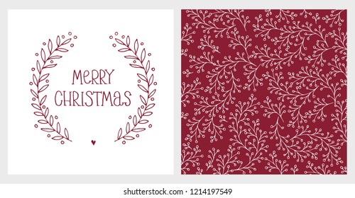 Cute Hand Drawn Christmas Vector Card and Floral Pattern. White Branches on a Dark Red Background. Dark Red Handwritten Merry Christmas, Heart and Lovely Wreath. White Background. 