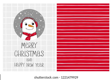 Cute Hand Drawn Christmas Vector Card and Pattern. Funny Snowman in a Gray Circle. White Grid on a Light Gray Background. White Tiny Stripes on a Red Background. Irregular Pattern. Infantile Design.