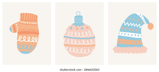 Cute Hand Drawn Christmas Vector Illustrations ideal for Card, Greeting, Label. Scandinavian Style Winter Holiday Print with Christmas Tree Bauble, Woolen Cap and Motley Glove on a Cream Background.