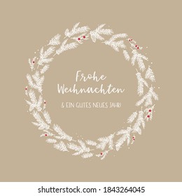 Cute hand drawn christmas wreath with text "Merry Christmas and a Happy New Year" in german, great for banners, wallpapers