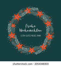 Cute hand drawn Christmas wreath with text in german language "Merry Christmas and a happy New Year", great for banners, cards, wallpapers - vector design