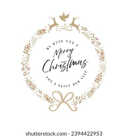 Cute hand drawn christmas wreath with text "Merry Christmas and a Happy New Year", great for banners, wallpapers
