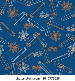 
Cute hand drawn cinnamon sticks and star anise seamless vector pattern. White and brown line objects on blue background. For holiday ad, social media marketing, print, banner, wrapping paper, gift.