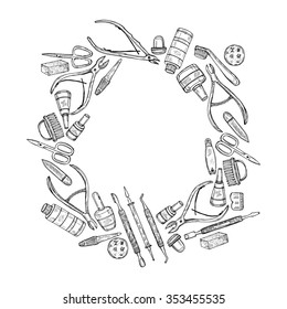Cute hand drawn circle frame with manicure tools including scissors, nail polish, nail clippers, pushers  and others. Vector