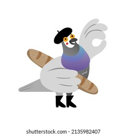 Cute hand drawn city pigeon dressed like French mime, holding a baguette and showing ok sign with wing. Flat style isolated vector illustration