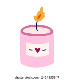 Cute hand drawn clipart of burning aroma candle with label. Trendy wax candle for spa therapy, relaxation, romance, hygge home decoration. Simple doodle in cartoon style isolated on white.