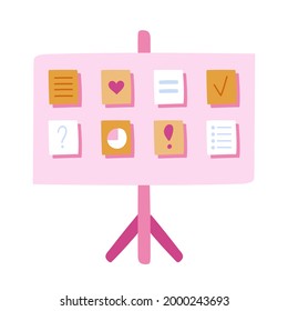 Clipart dibujado a mano de flipchart con listas, diagrama, notas, planos de pegatinas coloridas. Elemento comercial para presentaciones, informes. Ilustración vectorial aislada en fondo blanco.