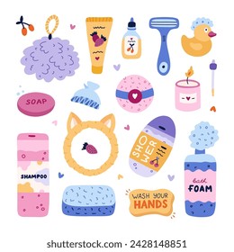 Cute hand drawn clipart set of hygiene items, bathroom accessories. Products for skincare, beauty, body care, self love in trendy cartoon style. Soap, shower, microfiber towel, shampoo, cream, oil.