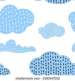 Cute hand drawn clouds, childish print. Best for t-shirt, poster, wrapping paper, decoration. Vector illustration in scandinavian style. Seamless background.