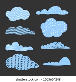 Cute hand drawn clouds, childish print. Best for t-shirt, poster, wrapping paper, decoration. Vector illustration in scandinavian style. Isolated on black background.