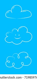 Cute hand drawn clouds on blue background. Vector.
