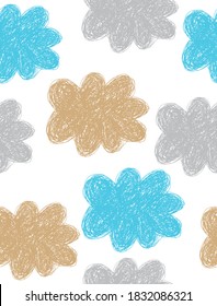 Cute Hand Drawn Clouds Seamless Vector Pattern. Blue, Gray and Gold Fluffy Clouds Isolated on a White Background. Baby Shower Vector Print. Infantile Style Cloudy Sky Repeatable Design.