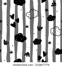 Cute hand drawn clouds and stars Seamless pattern. vector illustration.