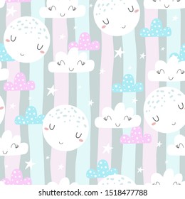 Cute hand drawn clouds and stars Seamless pattern. vector illustration.