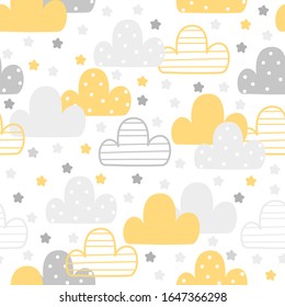 Klare handgezeichnete Wolken und Sterne Nahtlose Muster.Vektorillustration.