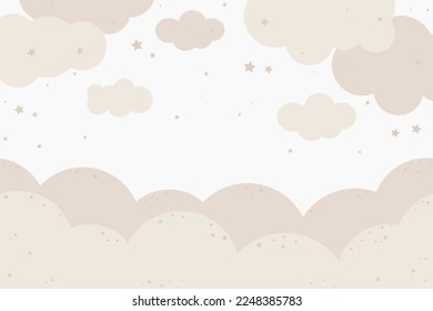 Nubes y estrellas dibujadas a mano. Ilustración de un vector bebé en colores pastel para decorar una habitación para niños. Arte mural de la guardería. Diseño de diseño de nubes de aire para el interior de los niños.