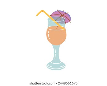 Cute hand drawn cocktail with straw and umbrella. Flat vector illustration of cocktail in glass isolated on white background. Doodle drawing.