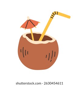 Cute hand drawn coconut with straw and umbrella. Flat simple vector illustration isolated on white background.