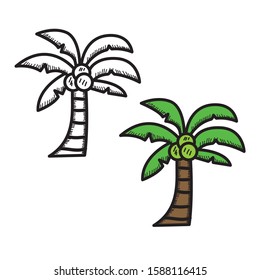 Cute hand drawn coconut tree vector illustration with black sketch and colored version isolated on white background