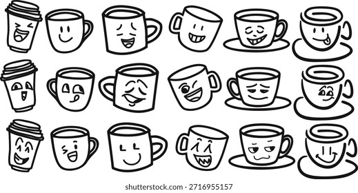 Cute hand drawn coffee cup emoji vector set with funny facial expressions in doodle line style. Trendy minimal illustration perfect for stickers, apps, social media, branding, cafes, and modern UI designs.