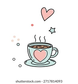 Nette handgezeichnete Kaffeetasse mit Herzgrafik einzeln auf weißem Hintergrund. Gemütliches romantisches Getränkekonzept zum Valentinstag, Café-Design, Liebesthema und Lifestyle-Illustration