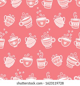 Cute hand drawn coffee cups seamless pattern, doodle background, great for textiles, banners, wallpapers, wrapping - vector design