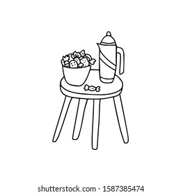 A cute hand drawn coffee table with teapot and sweets. Vector illustration isolated on white background. Doodle sketch style, outline.