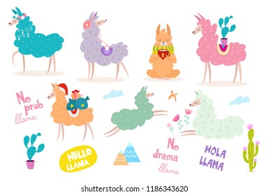 Cute hand drawn collection of cartoon llamas. Vector illustration with text for banner, poster, card, postcard and printable.