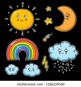 Cute hand drawn collection with character clouds, rainbow, sun and lightning. Vector illustration. Weather set.