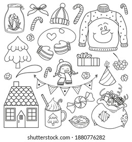 Cute hand drawn collection of Christmas design doodle elements. Vector line objects isolated on white background. Winter season symbols for wrapping paper, print, card, gift, fabric, wallpaper, banner