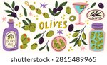 Cute hand drawn collection of olive elements including olive oil bottle, glass jar, martini cocktail, olive branches, and skewer isolated on white.