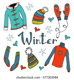 Cute hand drawn collection of winter clothing. Vector illustration
