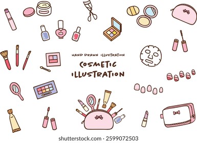 Cute hand drawn color cosmetics illustration set