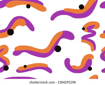 Cute hand drawn color vector seamless pattern. Pink, orange spots and black circles on white background. Unique abstract texture for invitations, cards, websites, wrapping paper, textile