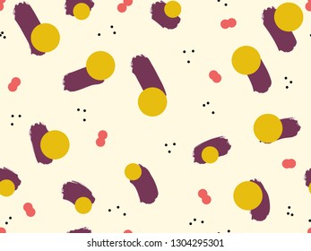 Cute hand drawn color vector seamless pattern. Pink, purple spots and black, yellow circles on white background. Unique abstract texture for invitations, cards, websites, wrapping paper, textile