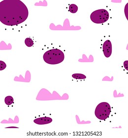 Cute hand drawn color vector seamless pattern. Pink, purple clouds, spots, black dots isolated on white background. Unique abstract texture for invitations, cards, websites, wrapping paper, textile