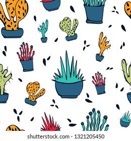 Cute hand drawn color vector seamless pattern. red, orange, blue, green house plants isolated on white background. Unique abstract texture for invitations, cards, websites, wrapping paper, textile