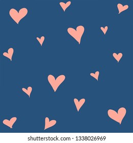 Cute hand drawn color vector seamless pattern. Pink hearts isolated on dark blue background. Unique abstract texture for invitations, cards, websites, wrapping paper, textile