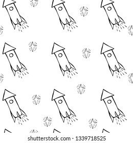 Cute hand drawn color vector seamless pattern. Black and white rocket, spaceship, stars isolated on white background. Unique abstract texture for invitations, cards, websites, wrapping paper, textile