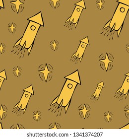 Cute hand drawn color vector seamless pattern. Yellow rocket, spaceship, stars isolated on brown background. Unique abstract texture for invitations, cards, websites, wrapping paper, textile