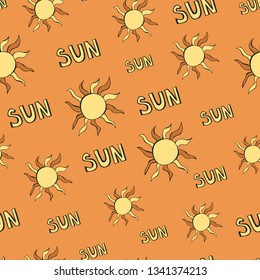 Cute hand drawn color vector seamless pattern. Yellow, orange sun with letering isolated on background. Unique abstract texture for invitations, cards, websites, wrapping paper, textile