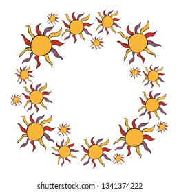 Cute hand drawn color vector seamless pattern. Yellow, orange, purple sun frame. Flowers isolated on white background. Unique abstract texture for invitations, cards, websites, wrapping paper, textile