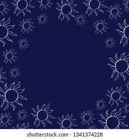 Cute hand drawn color vector seamless pattern. White sun frame. Flowers isolated on dark blue background. Unique abstract texture for invitations, cards, websites, wrapping paper, textile