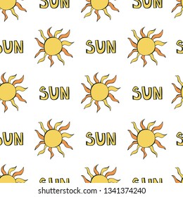 Cute hand drawn color vector seamless pattern. Yellow, orange sun with letering isolated on white background. Unique abstract texture for invitations, cards, websites, wrapping paper, textile