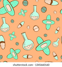 Cute hand drawn color vector seamless pattern. Green band aid, flask, pills isolated on orange background. Unique abstract texture for invitations, cards, wrapping paper, textile. Medicine, healthcare