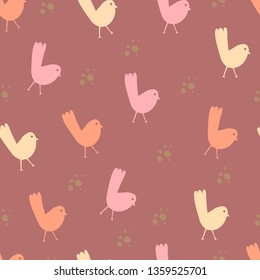 Cute hand drawn color vector seamless pattern. Orange, pink, beige birds isolated on purple background. Unique abstract texture for invitations, cards, websites, wrapping paper, textile 
