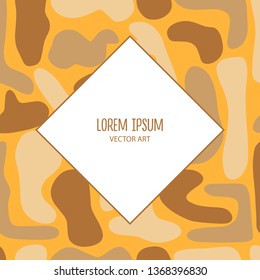 Cute hand drawn color vector seamless pattern, rhombus frame with text. Brown, gray spots isolated on yellow background. Unique abstract texture for invitations, cards, websites, textile. Animal print