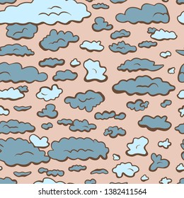 Cute hand drawn color vector seamless pattern. Blue clouds isolated on pink, beige background. Unique abstract texture for invitations, cards, websites, wrapping paper, textile. Sky, weather, overcast